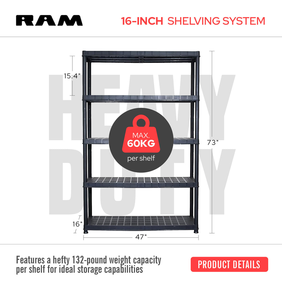 Ram Quality Products Extra 5 Tier Plastic Storage Shelf Unit for Garage, Black - VMInnovations