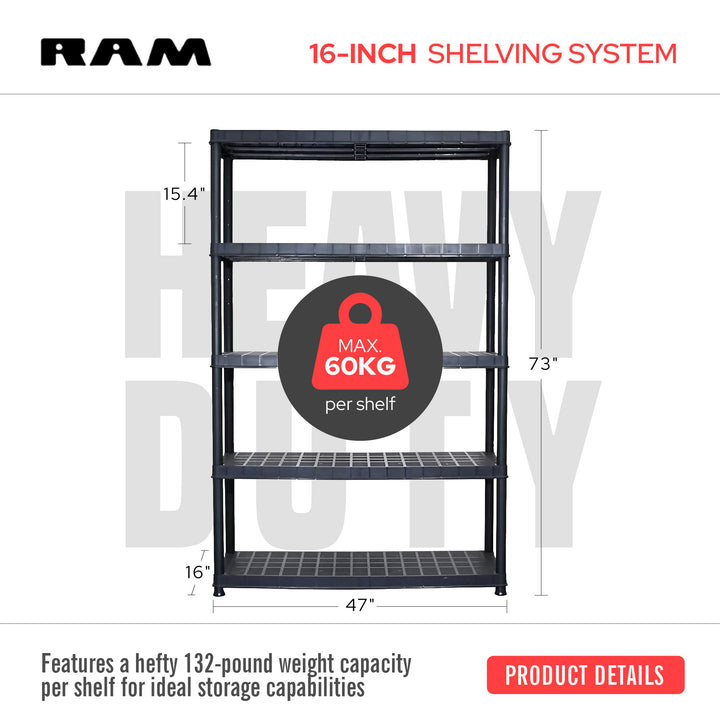 Ram Quality Products Extra 5 Tier Plastic Storage Shelf Unit for Garage, Black - VMInnovations