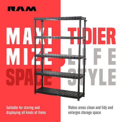 Ram Quality Products Extra 5 Tier Plastic Storage Shelf Unit for Garage, Black - VMInnovations