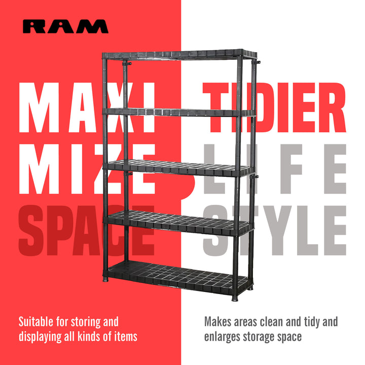 Ram Quality Products Extra 5 Tier Plastic Storage Shelf Unit for Garage, Black - VMInnovations