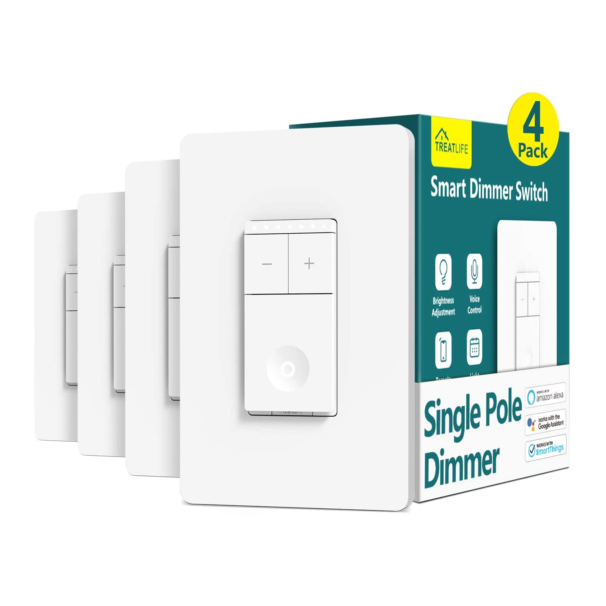 Treatlife Smart Dimmer Single Pole Wall Switch, 2.4g, 400 Watt, White, 4 Pack