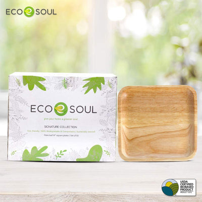 ECO SOUL 8 Inch Natural Timber Free Palm Leaf Square Plates for Events, 100 Pack