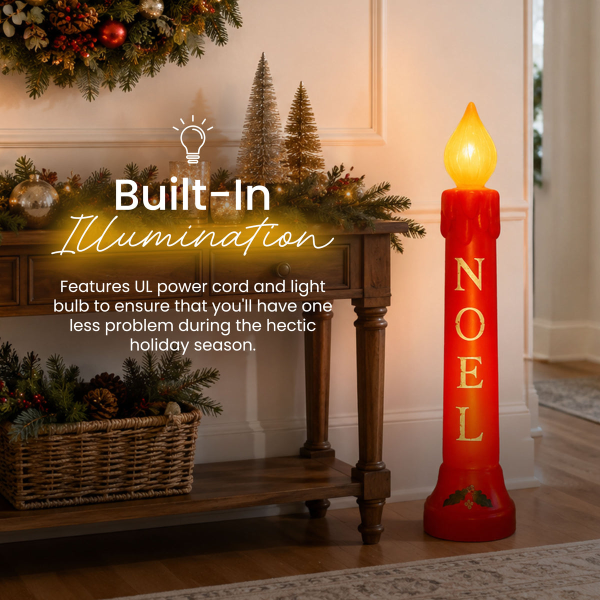 Union Christmas Illuminated Lighted 39" Noel Candle, Outdoor Holiday Decor, Red - VMInnovations