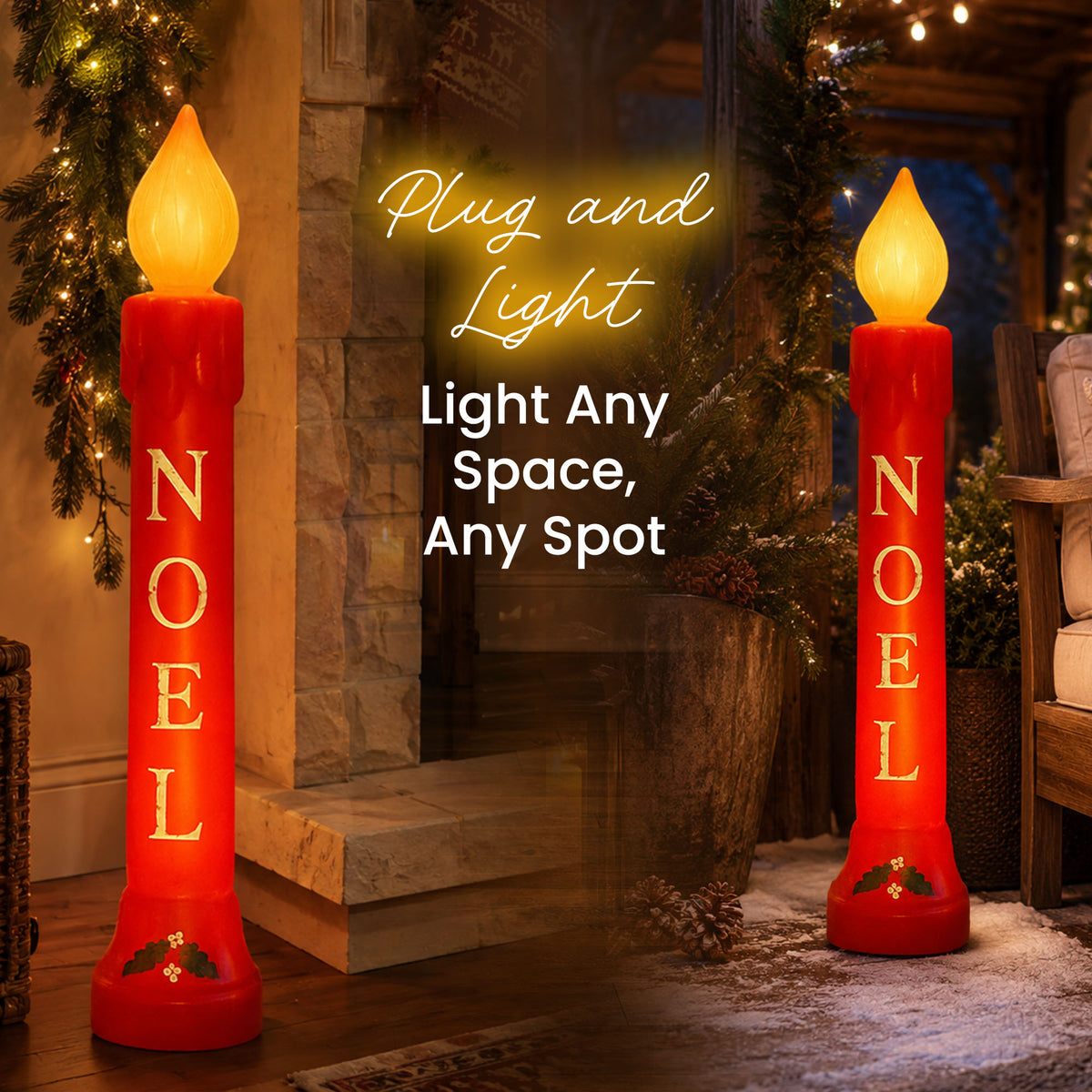 Union Christmas Illuminated Lighted 39" Noel Candle, Outdoor Holiday Decor, Red - VMInnovations