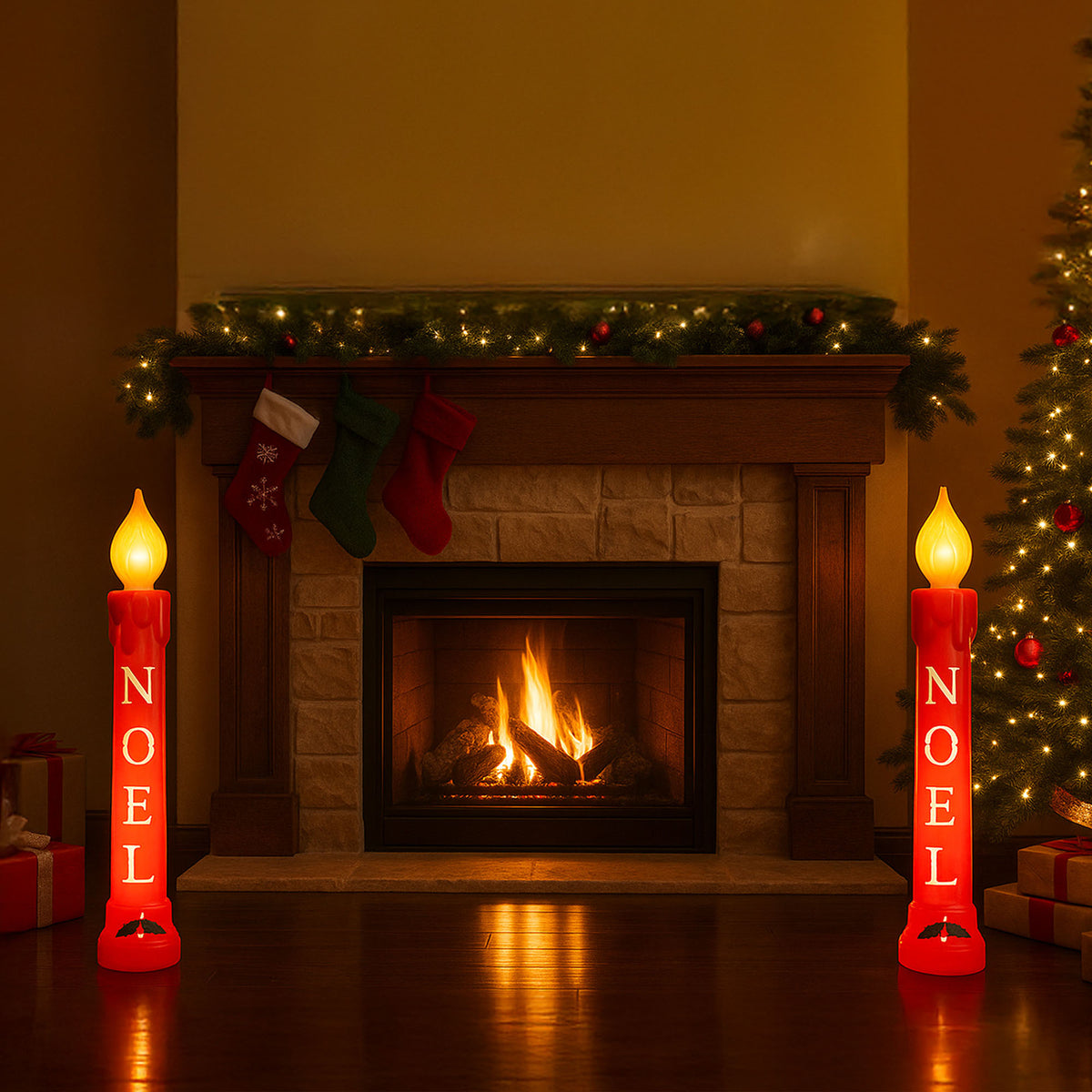 Union Christmas Illuminated Lighted 39" Noel Candle, Outdoor Holiday Decor, Red - VMInnovations