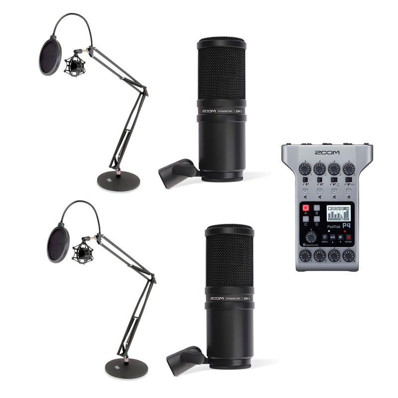 Zoom PodTrak Digital Recorder w/ 2  Dynamic Microphones & 2 Boom Desktop Arms