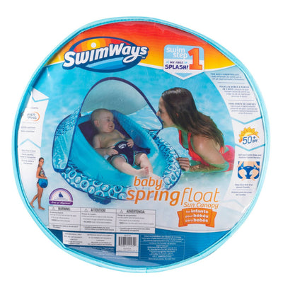 SwimWays Infant Baby Spring Float with Protective Adjustable Sun Canopy, Blue