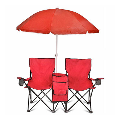 Double Folding Camping Chair Set with Shade Umbrella and Cooler Bag, Red (Used)