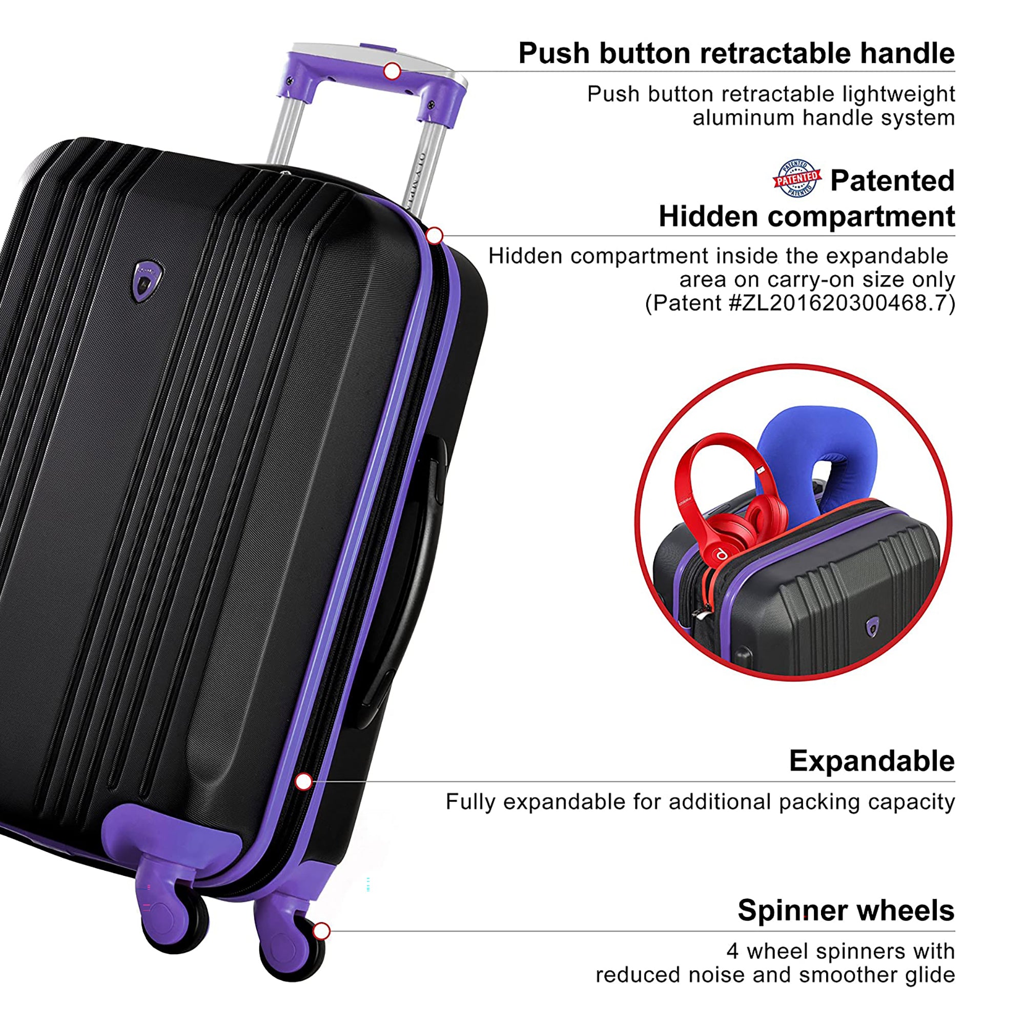 Olympia Apache II Hardcase 4 Wheel Spinner Luggage Suitcase 3 Piece Set, Purple - VMInnovations