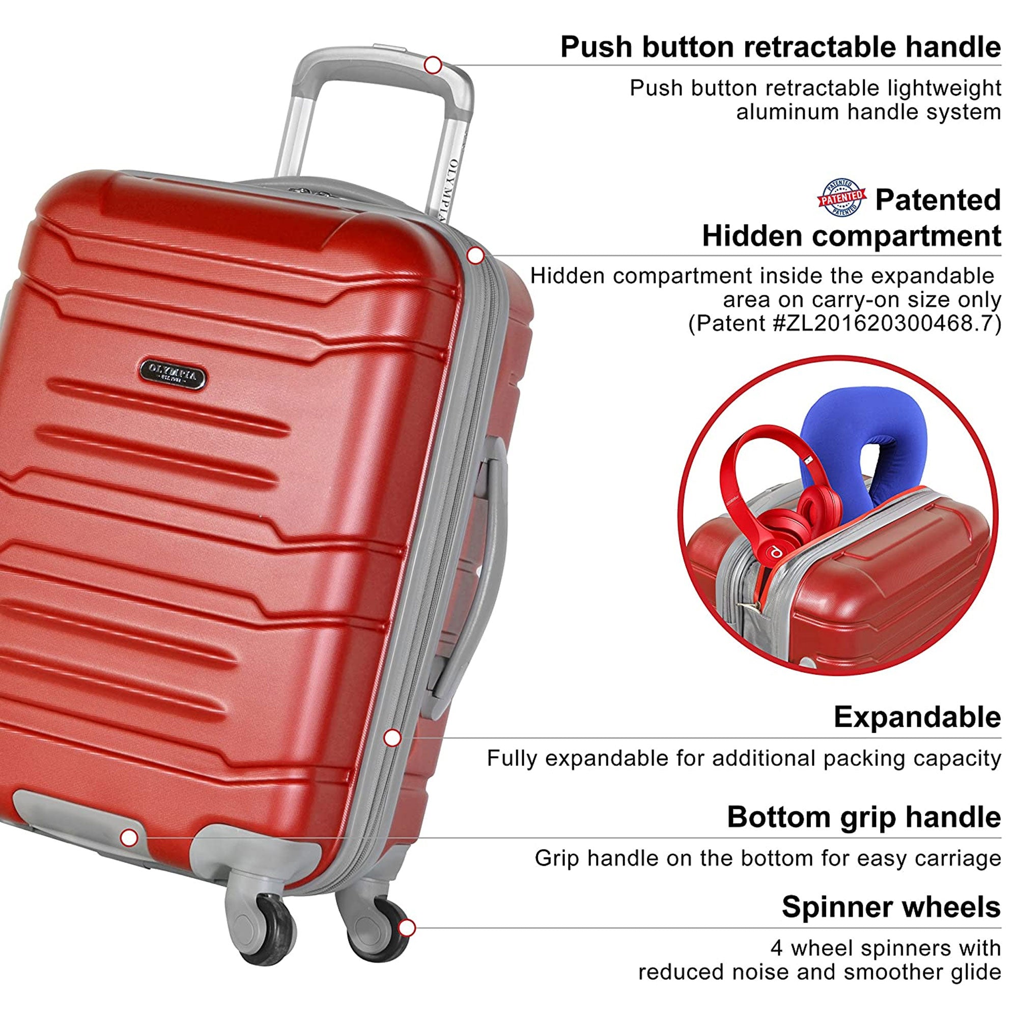 Olympia Denmark 21" Expandable Carry On 4 Wheel Spinner Luggage Suitcase, Wine - VMInnovations