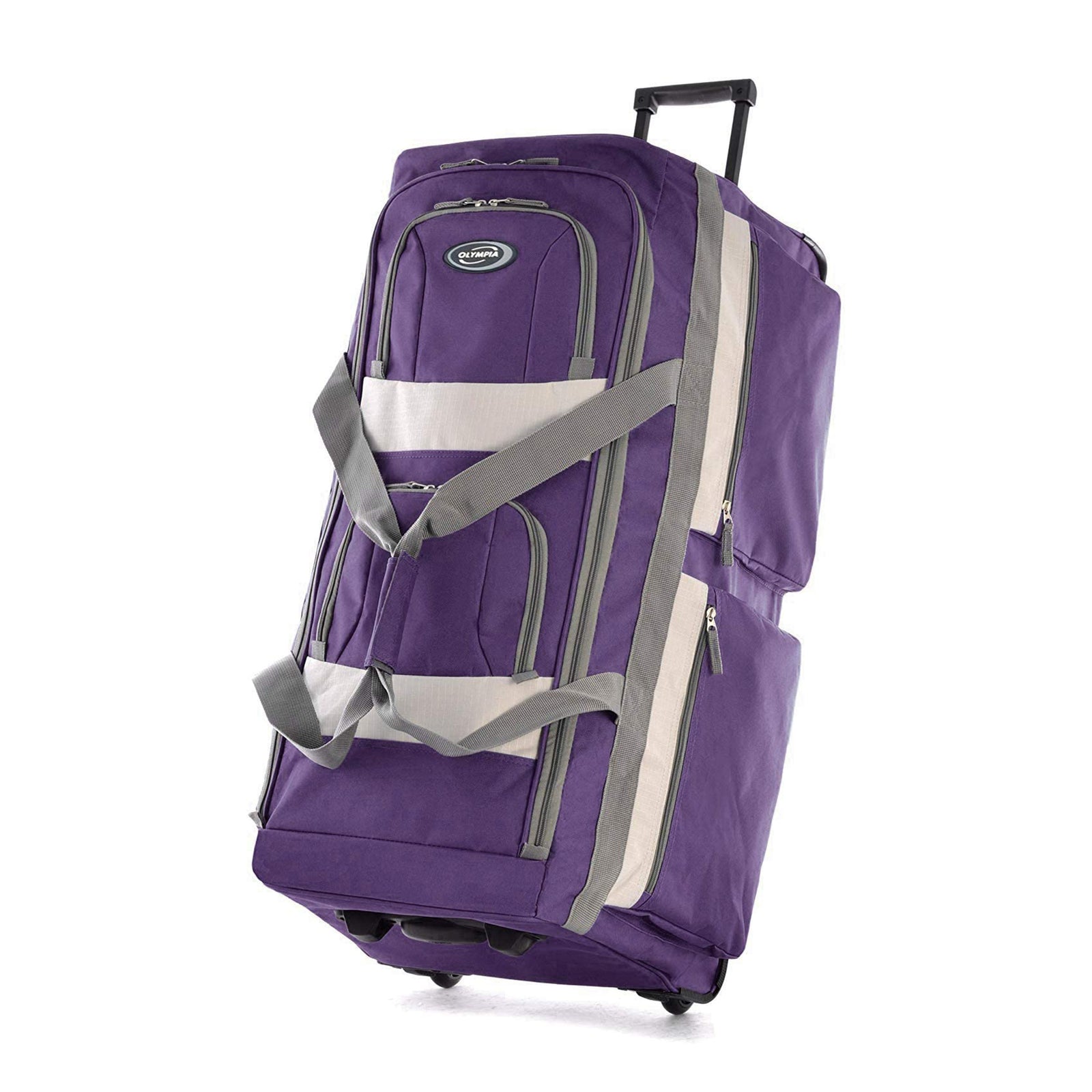 Olympia 22 Inch 8 Pocket Rolling Duffel Bag w/ Retractable Handle, Dark Lavender - VMInnovations