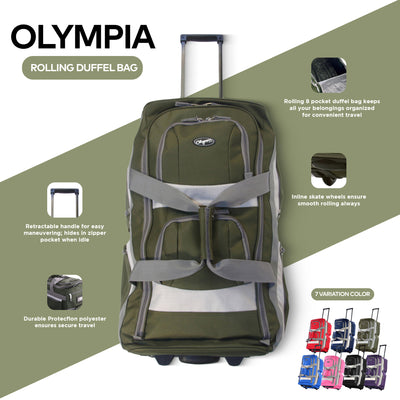 Olympia 22 Inch 8 Pocket Rolling U Shape Duffel Bag w/ Retractable Handle, Green - VMInnovations