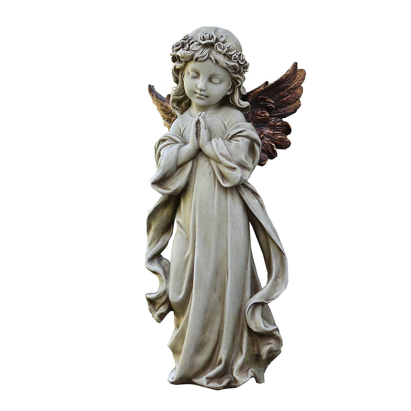Napco 12.5 Inch Resin Praying Angel w/ Bronze Wings Outdoor Garden Statue, Gray