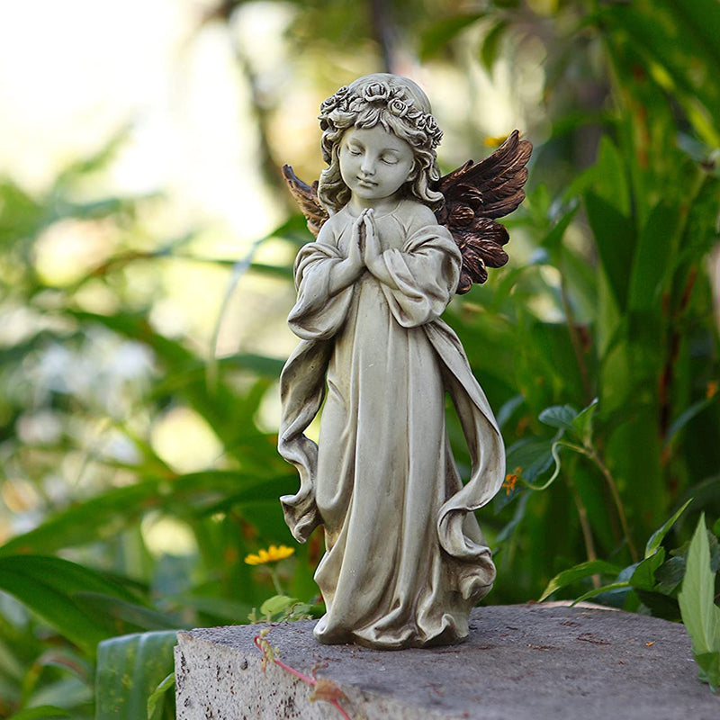 Napco 12.5 Inch Resin Praying Angel w/ Bronze Wings Outdoor Garden Statue, Gray