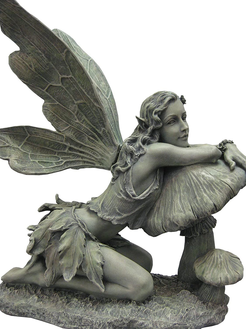 Napco 16.5 Inch Resin Fairy On Mushroom Outdoor or Indoor Garden Statue, Green