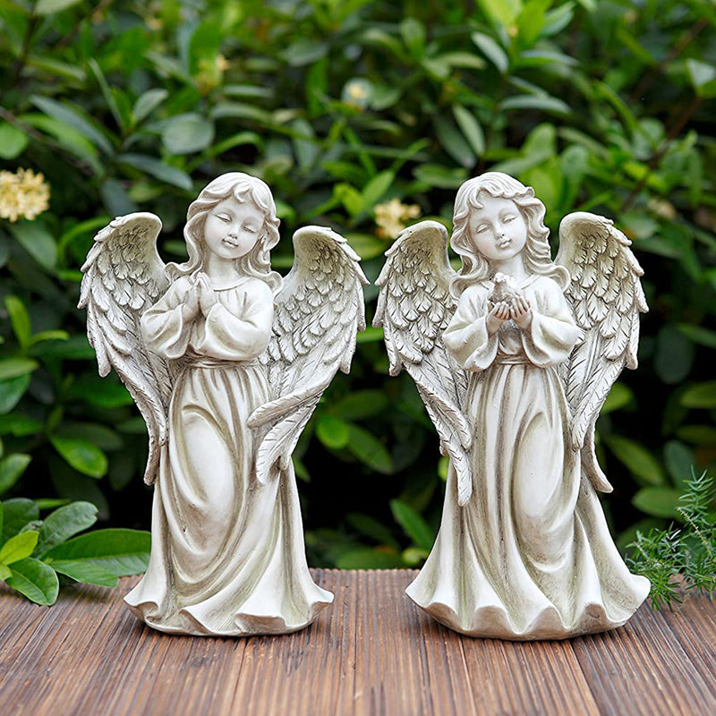 Napco 12.25 Inch Resin Angel Girl w/ Dove Outdoor or Indoor Garden Statue, Ivory