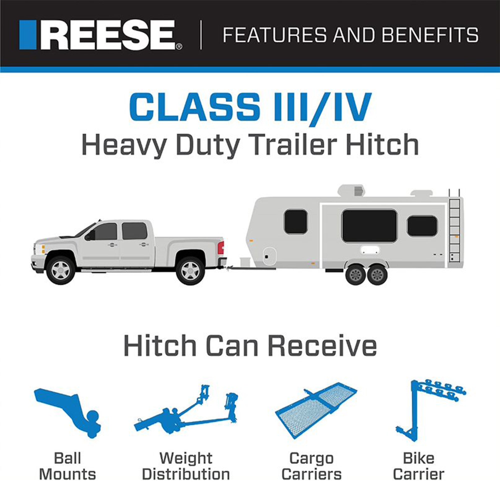 Reese Towpower 37042 Class III Max Frame Trailer Tow Hitch w/ 2 In Receiver Tube - VMInnovations