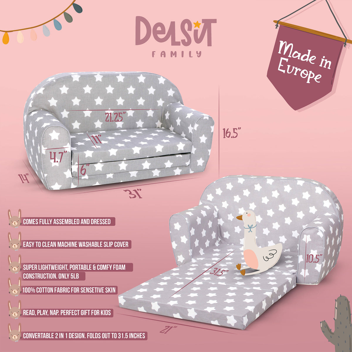 Delsit Toddler Couch and Kids 2 in 1 Flip Open Foam Double Sofa, Gray with Stars - VMInnovations