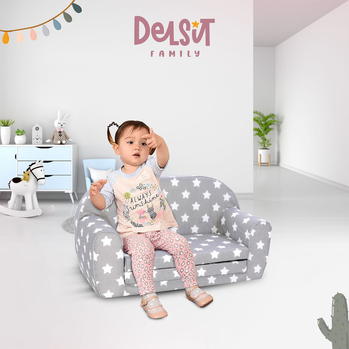 Delsit Toddler Couch and Kids 2 in 1 Flip Open Foam Double Sofa, Gray with Stars - VMInnovations