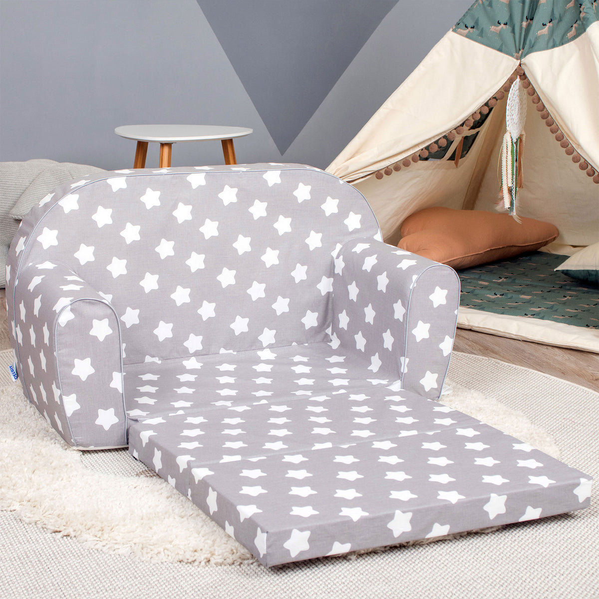 Delsit Toddler Couch and Kids 2 in 1 Flip Open Foam Double Sofa, Gray with Stars - VMInnovations