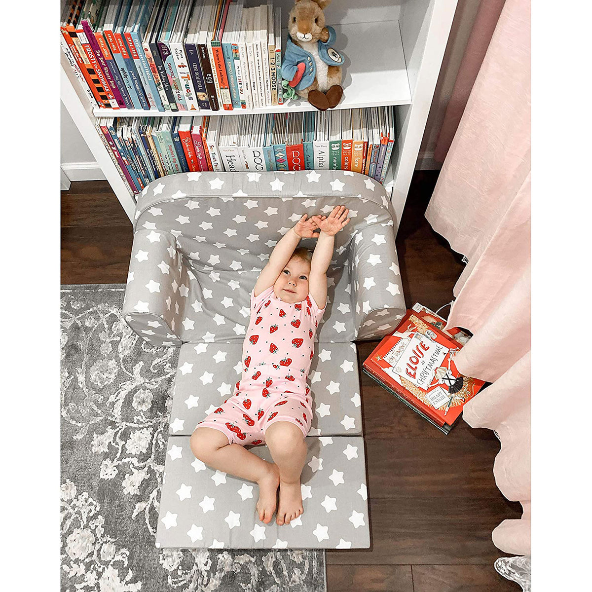 Delsit Toddler Couch and Kids 2 in 1 Flip Open Foam Double Sofa, Gray with Stars - VMInnovations