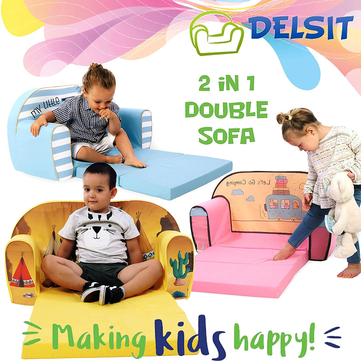 Delsit Toddler Couch & Kids 2 in 1 Flip Open Foam Double Sofa, White with Stars - VMInnovations