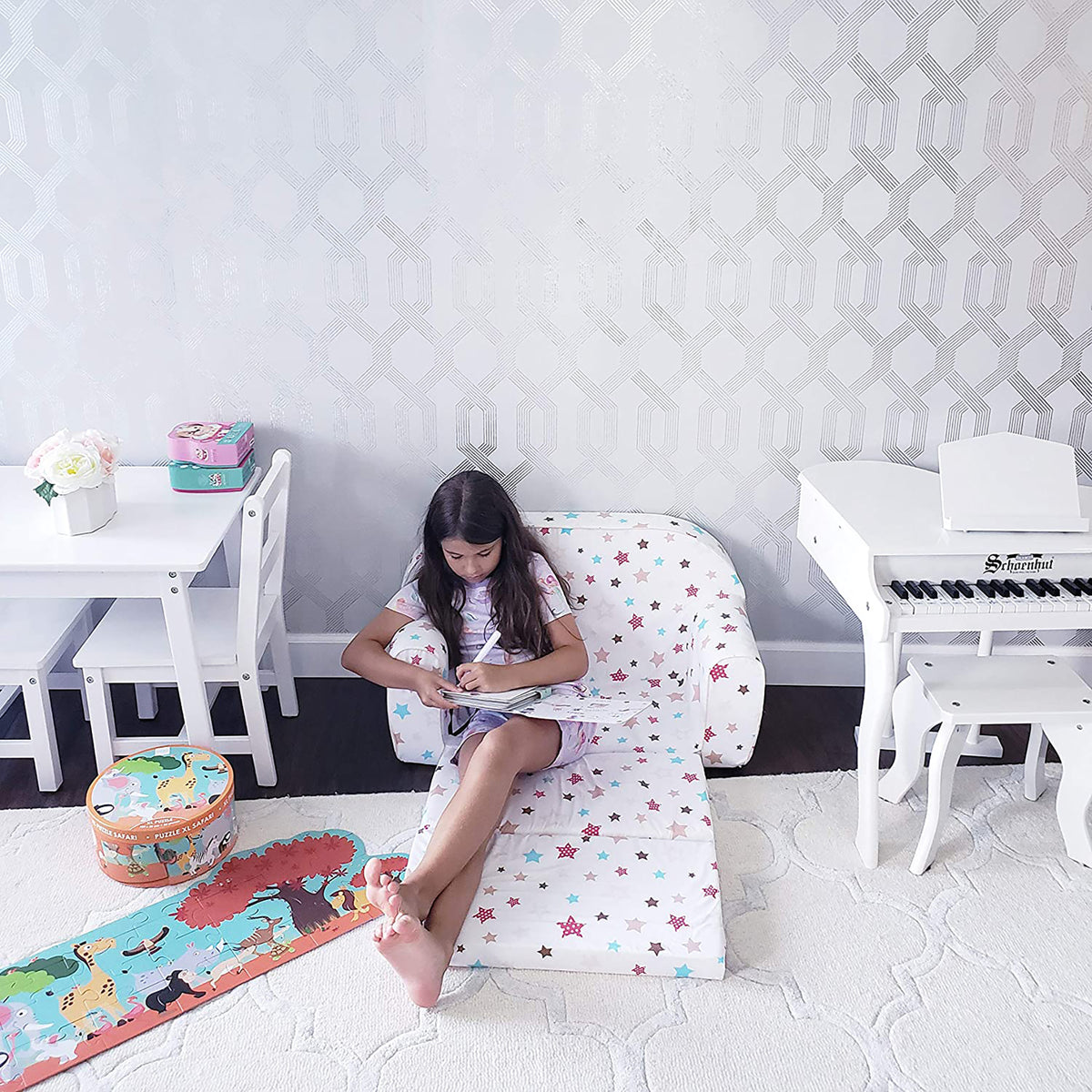 Delsit Toddler Couch & Kids 2 in 1 Flip Open Foam Double Sofa, White with Stars - VMInnovations
