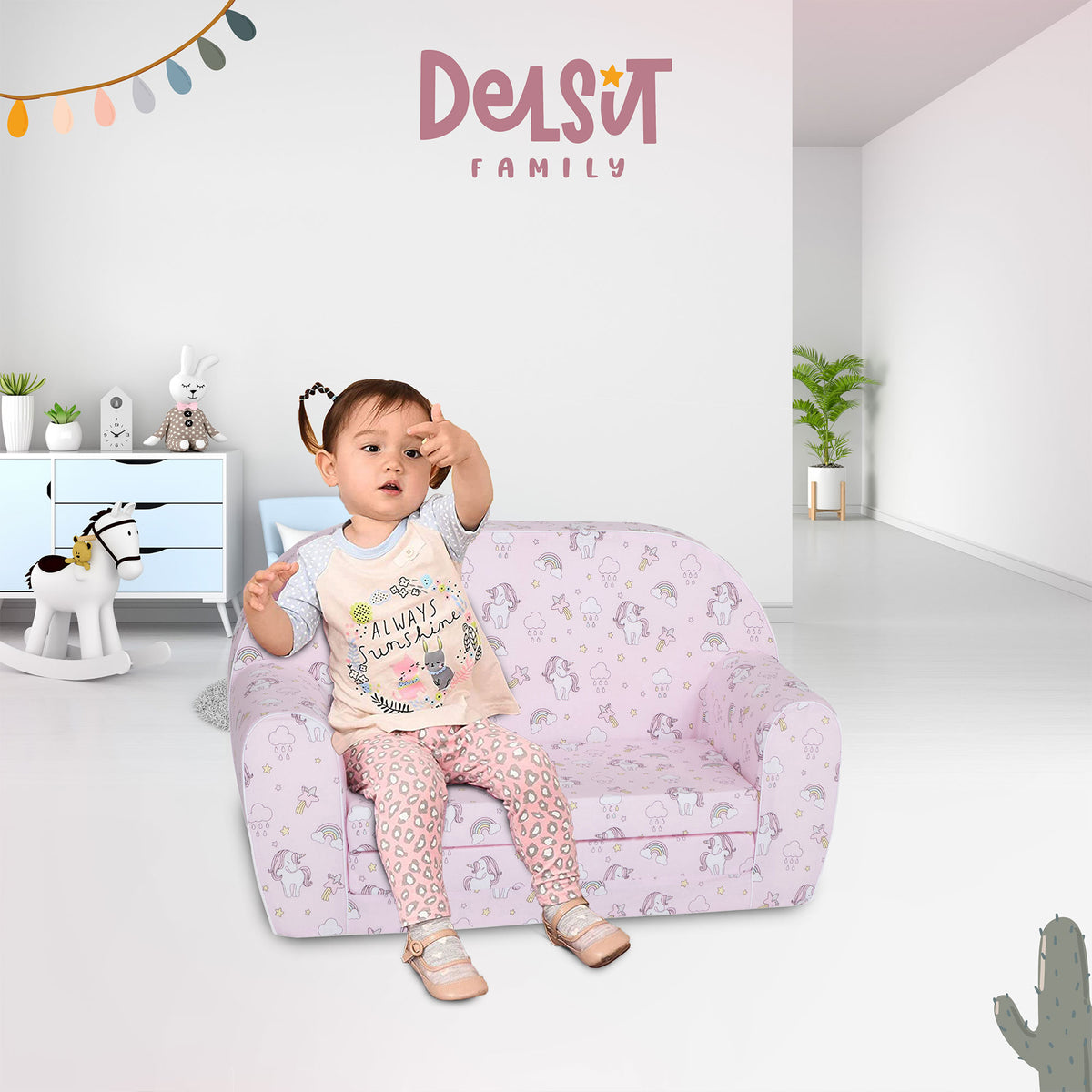 Delsit Toddler Couch & Kids Flip Open Foam Double Sofa, Unicorns & Rainbows Pink - VMInnovations