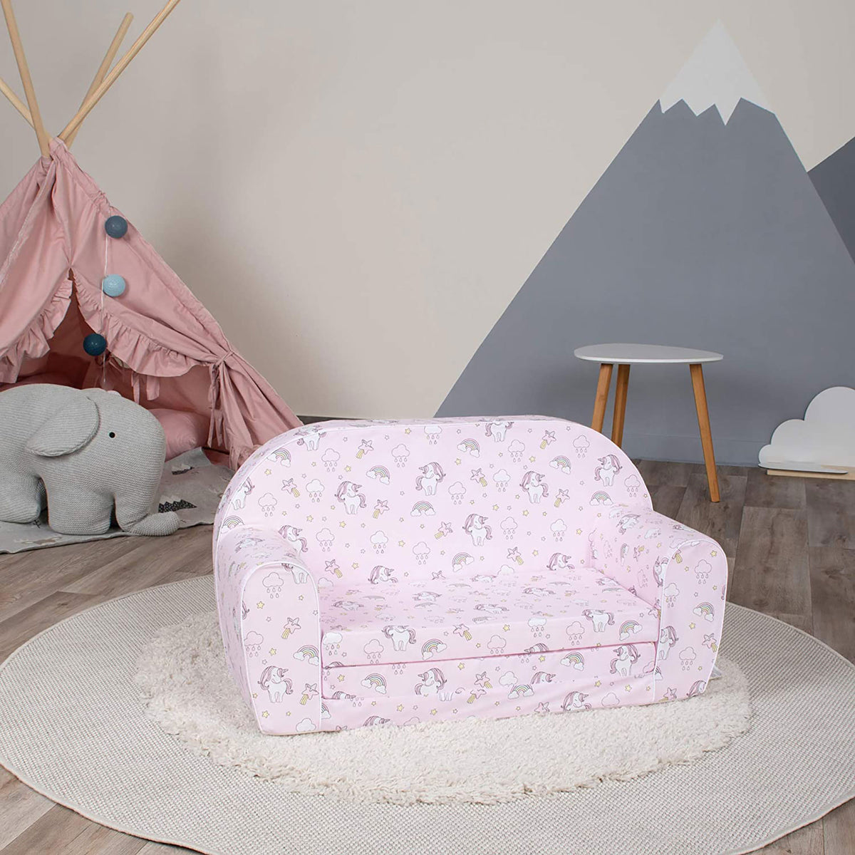 Delsit Toddler Couch & Kids Flip Open Foam Double Sofa, Unicorns & Rainbows Pink - VMInnovations