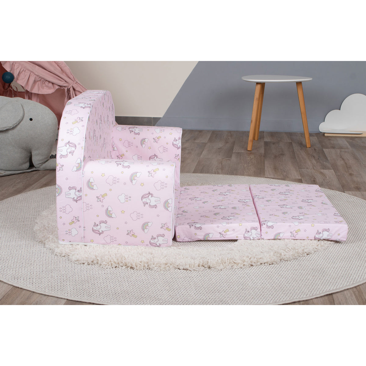 Delsit Toddler Couch & Kids Flip Open Foam Double Sofa, Unicorns & Rainbows Pink - VMInnovations