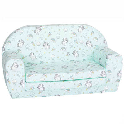 Delsit Toddler Couch & Kids Flip Open Foam Double Sofa, Unicorns & Rainbows Mint - VMInnovations