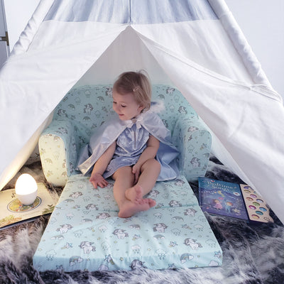 Delsit Toddler Couch & Kids Flip Open Foam Double Sofa, Unicorns & Rainbows Mint - VMInnovations