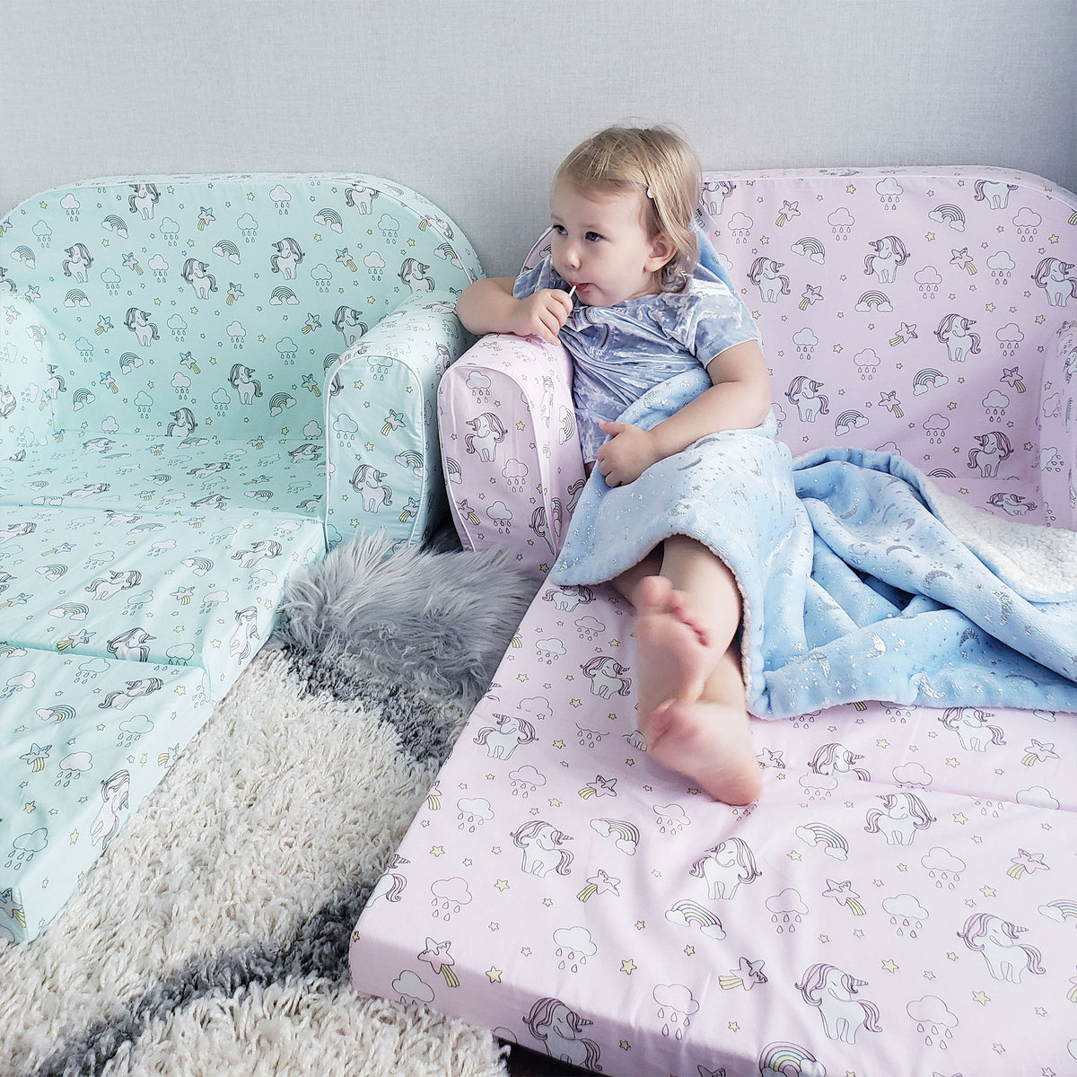 Delsit Toddler Couch & Kids Flip Open Foam Double Sofa, Unicorns & Rainbows Mint - VMInnovations