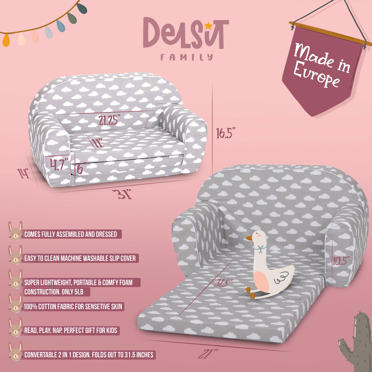 Delsit Toddler Couch & Kids 2 in 1 Flip Open Foam Double Sofa, Gray with Clouds - VMInnovations