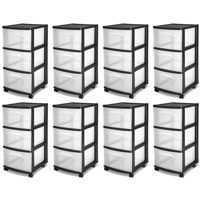 Sterilite 3 Drawer Storage Cart with Clear Drawers and Black Frame (8 Pack)