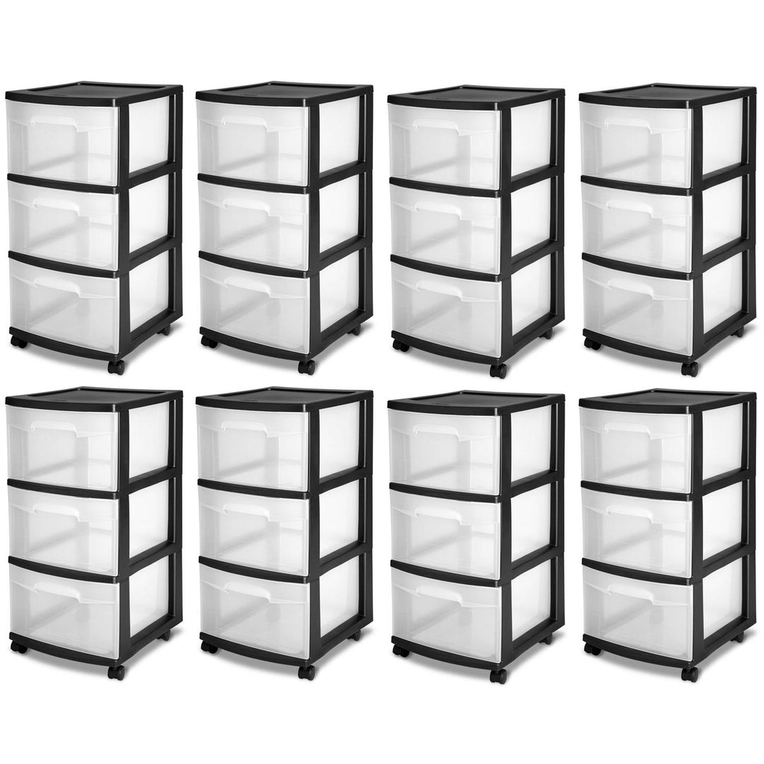 Sterilite 3 Drawer Plastic Rolling Storage Cart, Clear with Black Frame (8-Pack)