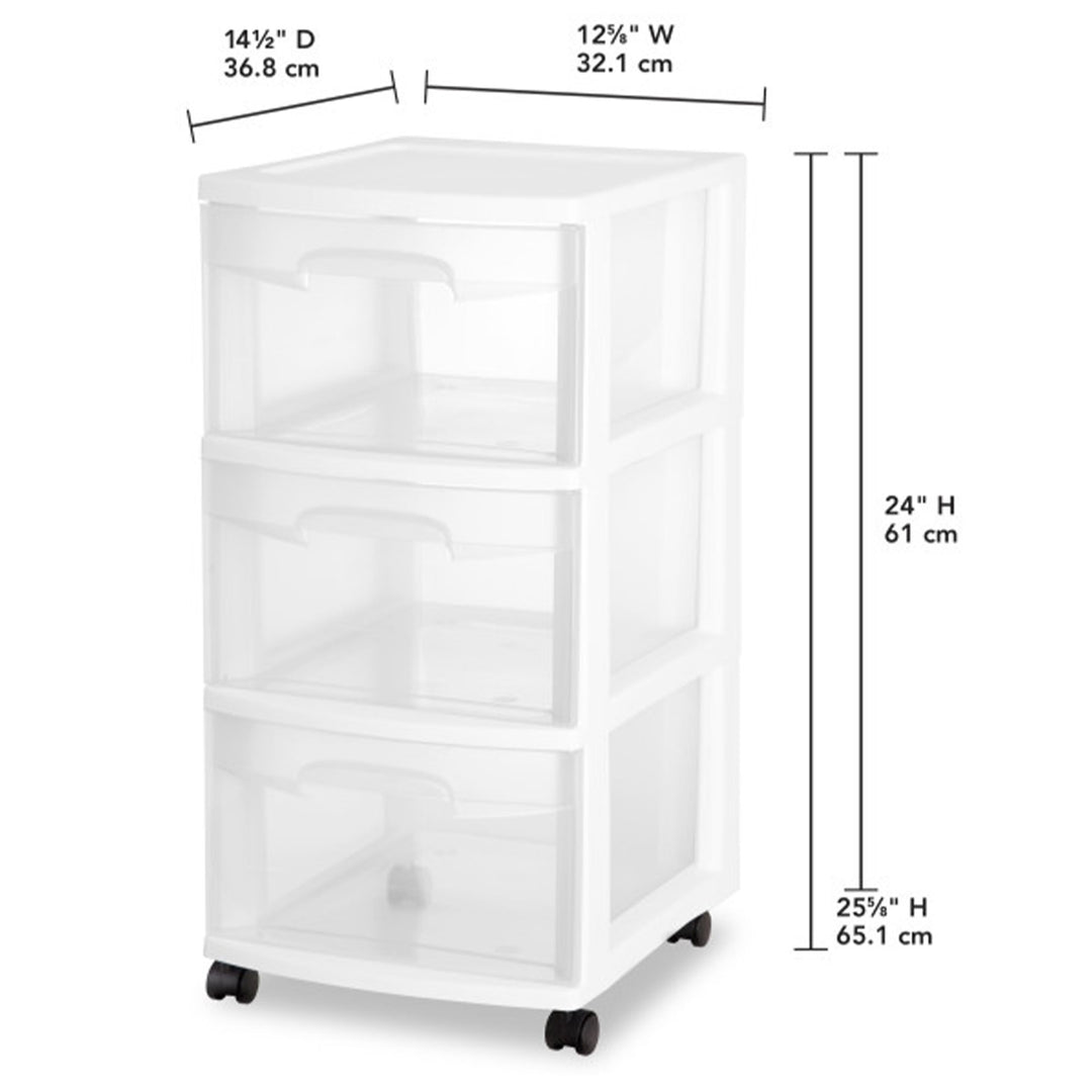 Sterilite 3 Drawer Storage Cart, Plastic Rolling Organizer with Wheels, 4 Pack