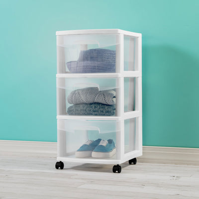 Sterilite 3 Drawer Storage Cart, Plastic Rolling Organizer with Wheels, 8 Pack