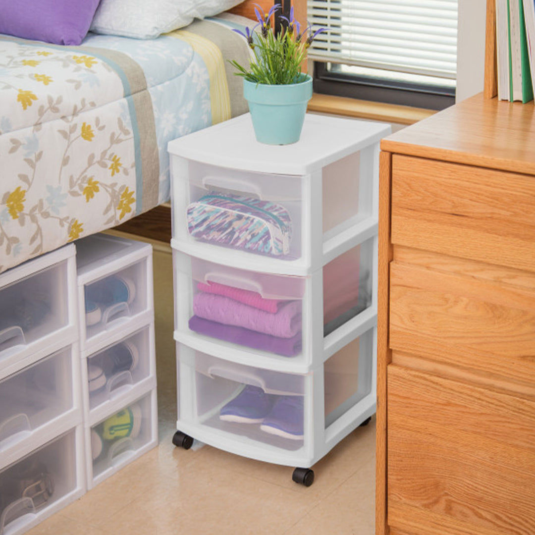 Sterilite 3 Drawer Storage Cart, Plastic Rolling Organizer with Wheels, 4 Pack