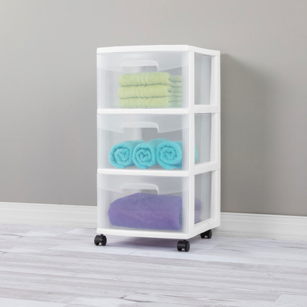 Sterilite 3 Drawer Storage Cart, Plastic Rolling Organizer with Wheels, 4 Pack