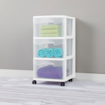 Sterilite 3 Drawer Storage Cart, Plastic Rolling Organizer with Wheels, 6 Pack