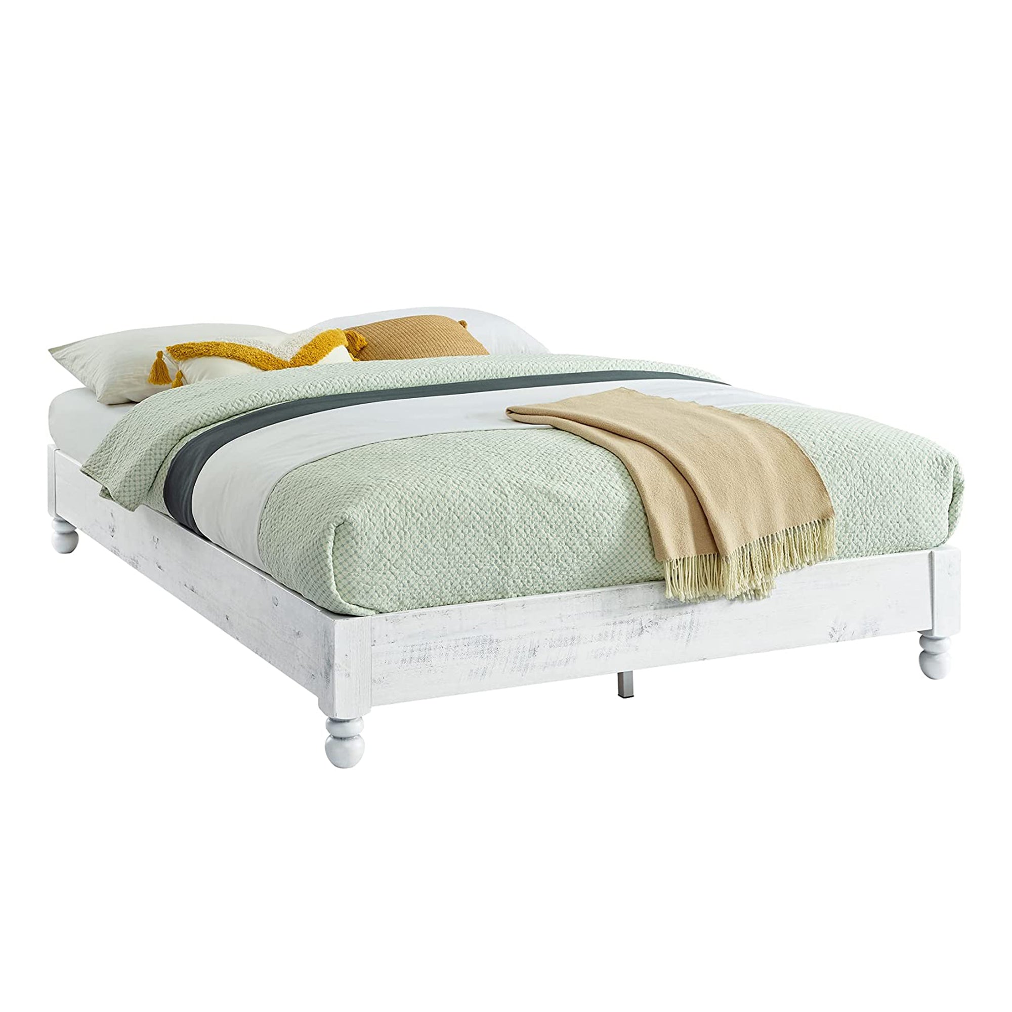 Solid Pine Wood 12 Slat Platform Rustic Bed Frame, Whitewashed, King (Used) - VMInnovations