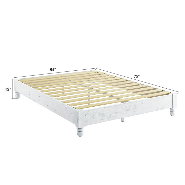 Solid Pine Wood 12 Slat Platform Rustic Bed Frame, Whitewashed, King (Used)