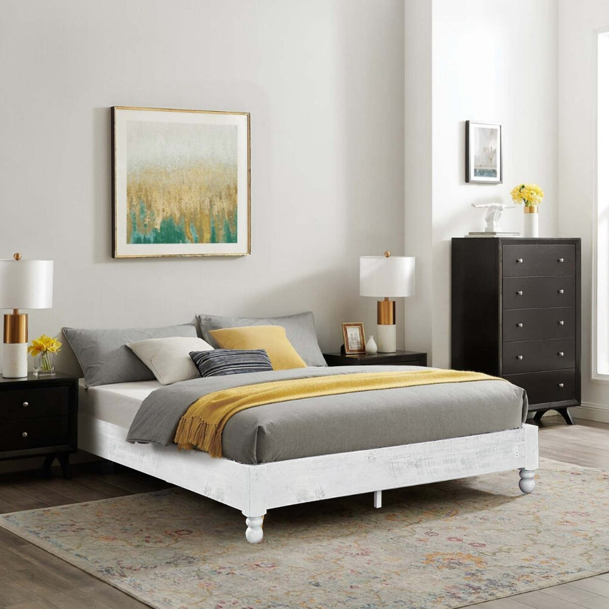 Solid Pine Wood 12 Slat Platform Rustic Bed Frame, Whitewashed, King (Open Box)