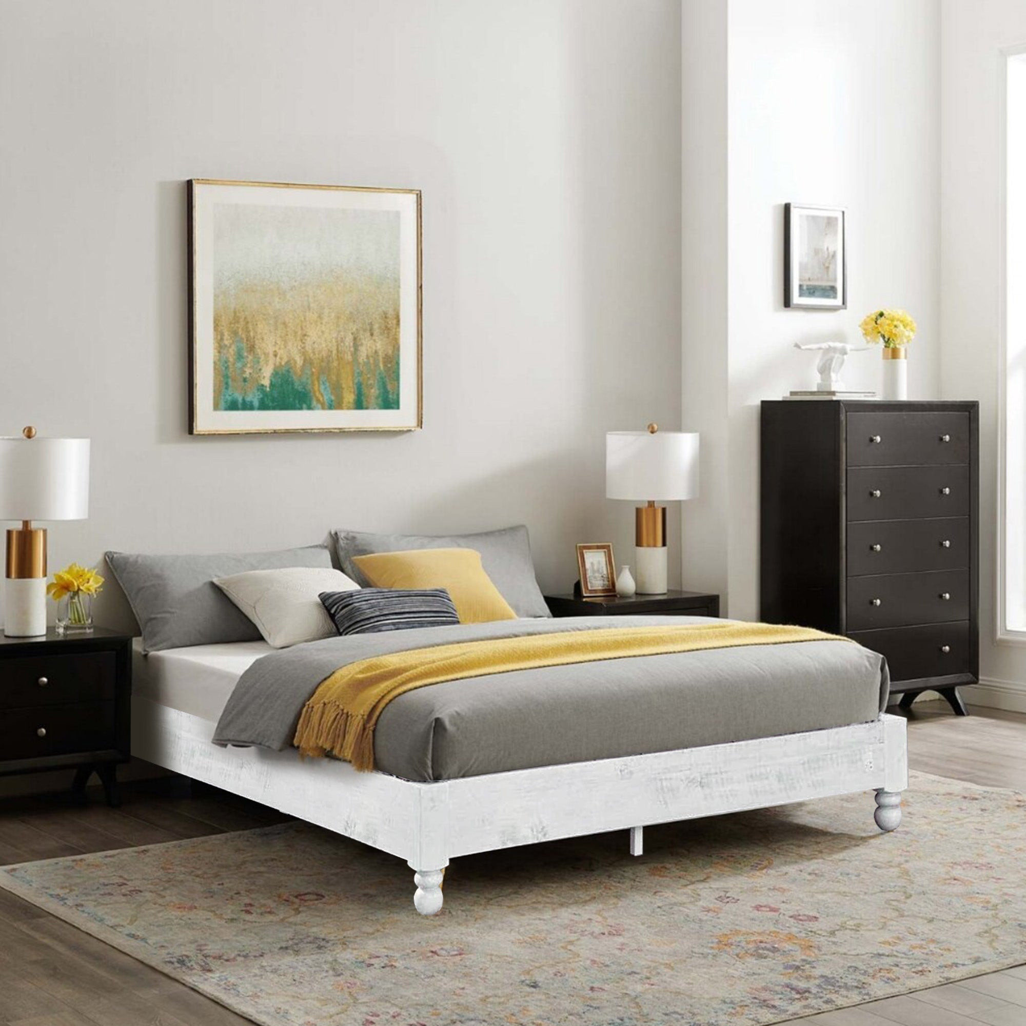 Solid Pine Wood 12 Slat Platform Rustic Bed Frame, Whitewashed, King (Used) - VMInnovations