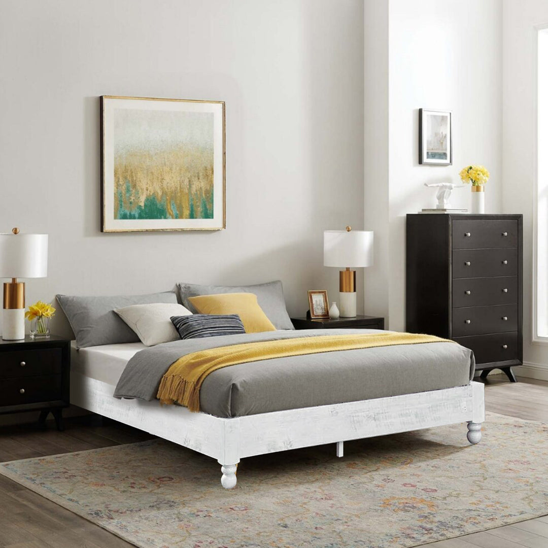 Solid Pine Wood 12 Slat Platform Rustic Bed Frame, Whitewashed, King (Used)