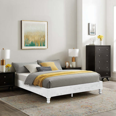 Solid Pine Wood 12 Slat Platform Rustic Bed Frame, Whitewashed, King (Used)