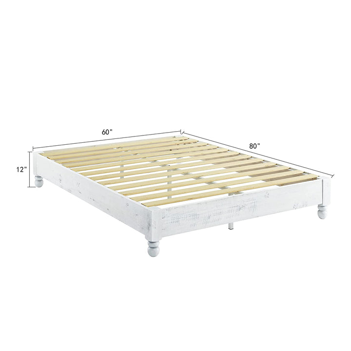 MUSEHOMEINC Pine Wood 12 Slat Platform Rustic Bed Frame, Whitewashed, Queen