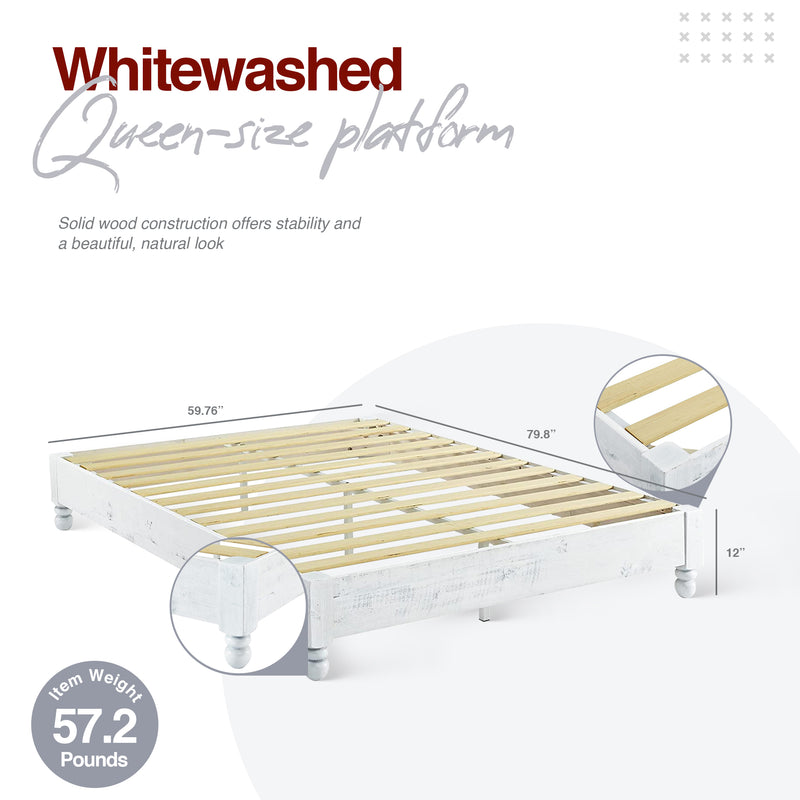 MUSEHOMEINC Pine Wood 12 Slat Platform Rustic Bed Frame, Whitewashed, Queen