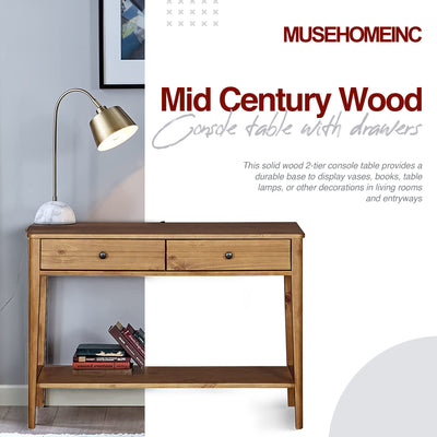 MUSEHOMEINC California Mid Century Console Table w/Drawers, Honey Brwn(Open Box)